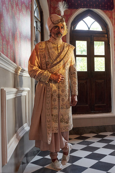 Designer Embroidered Peach Sherwani Set for Men