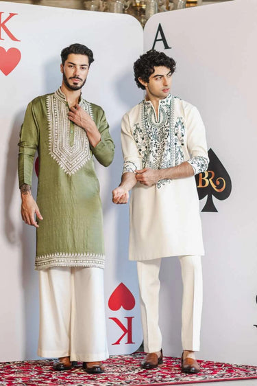 Limerick Glow Kurta Set – Limerick Green with White Hand Embroidery