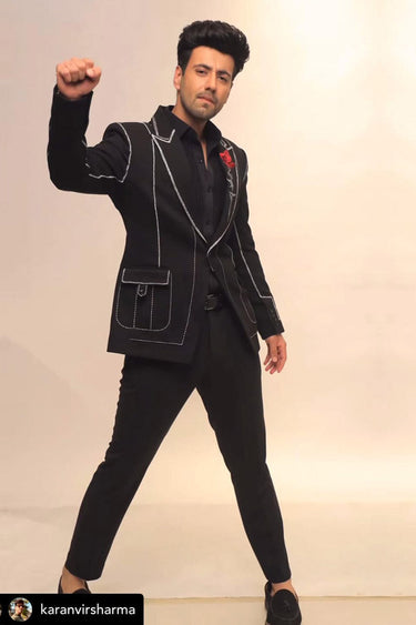 KARANVIR SHARMA In our Black 2 piece suit with Resham work - Bharat Reshma