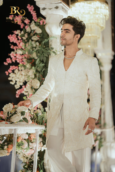Mihir Gupta in Ivory Indo-Western with Cutdana Detailling