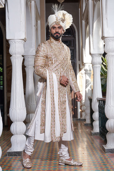 Designer Hand Embroidered Gold Sherwani Set for Men