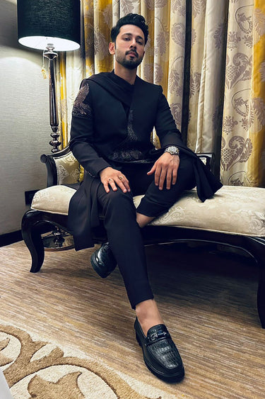 SAHIL-ANAND in Our Black indo western jacket attached with a drape - Bharat Reshma