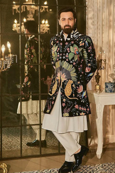 EMRAAN HASHMI in Our Black indo-western embellished with hand embroidery - Bharat Reshma