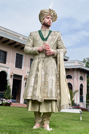Designer Embroidered Green Sherwani for Groom