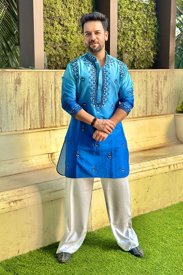 Sanjay Gagnani in Our Blue Silk Embroidery Resham Work Kurta Set - Bharat Reshma