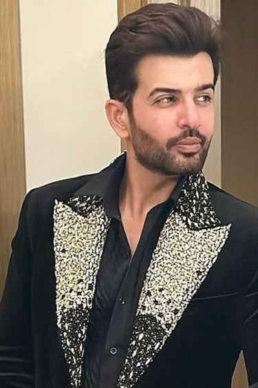 JAY BHANUSHALI in Our Black Embroidery Bead Collar Tuxedo Set - Bharat Reshma