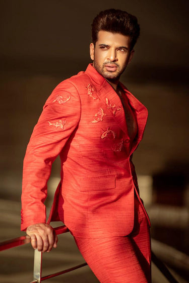 Karan Kundra in Our Red All Season Slim-fit Blazer and Pant Set - Bharat Reshma