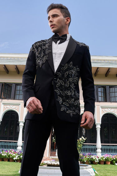 Black Embroidered Moti and Cutdana Tuxedo Set