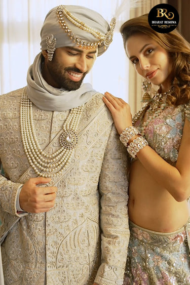 Designer Grey Silk Wedding Sherwani for Men | Groom Sherwani Set