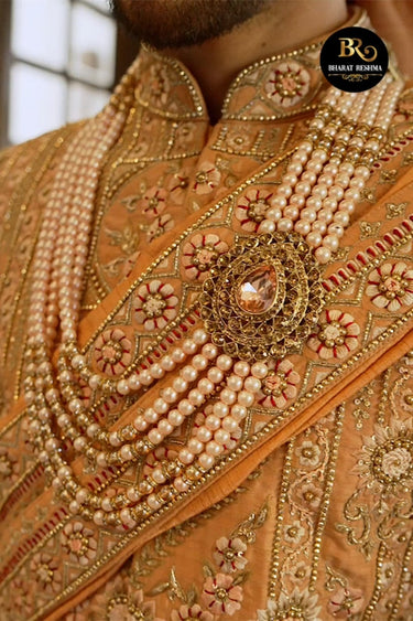 Orange Hand Embroidered Silk Sherwani for Groom