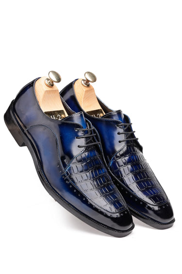 Patina Leather Derby Shoes with Croc-Embossed Texture