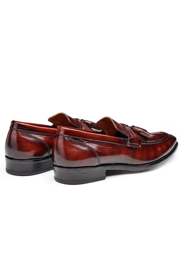 Black Leather Loafers with Croc-Pattern & Tassel Design