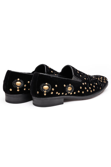 Black Velvet Loafers with Golden Studs & Moti Embellishments