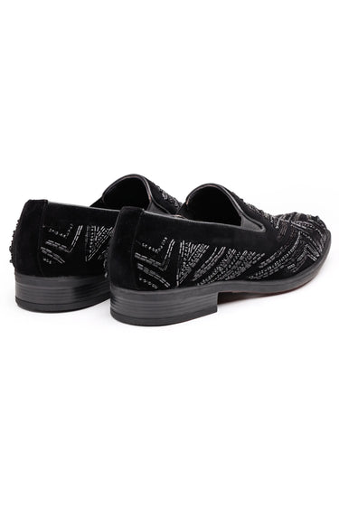 Black Velvet Hand-Embroidered Party Wear Loafers for Men