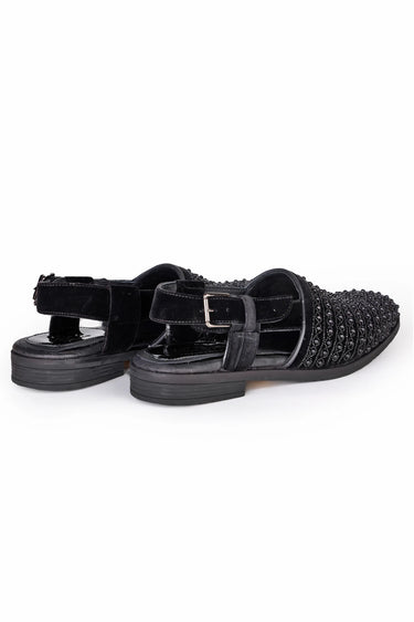 Black Velvet Low-Heel Sandals with Moti & Pearl Hand Embroidery