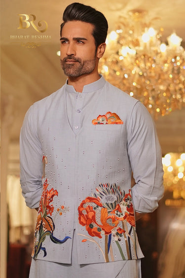 Gray carnival floral waistcoat kurta set