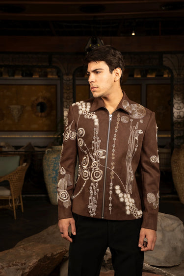 Brown, Grey Embroidered Jacket