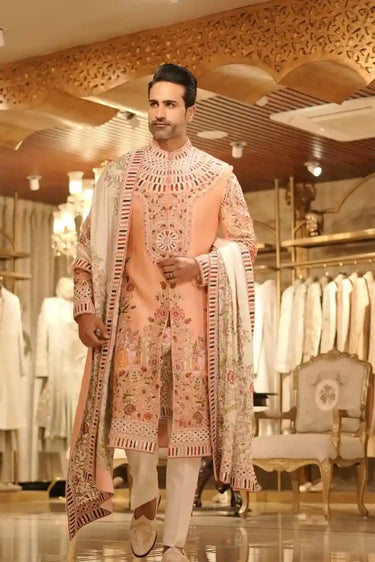 Peach Silk Rang Ras Sherwani Set with Royal Multicolour Detailing
