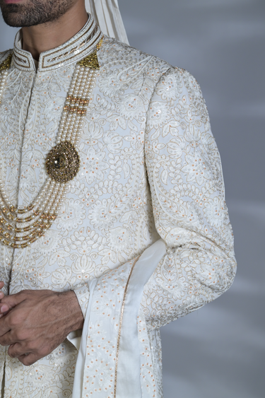 White Silk Embroidery Thread Flower Sherwani Set
