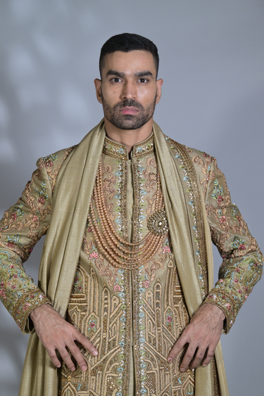 Designer Sherwani with Saturated Green Intricate Embroidery