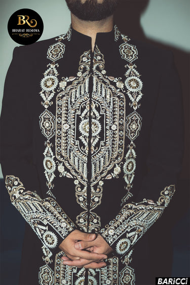 Bismil in All Black Embroidered Indo-western Set - Bharat Reshma