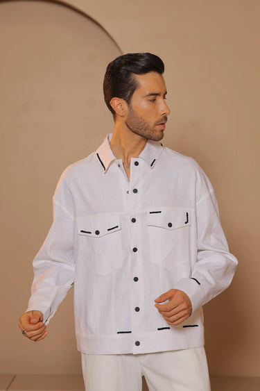White linen puff embroidery jacket - Bharat Reshma