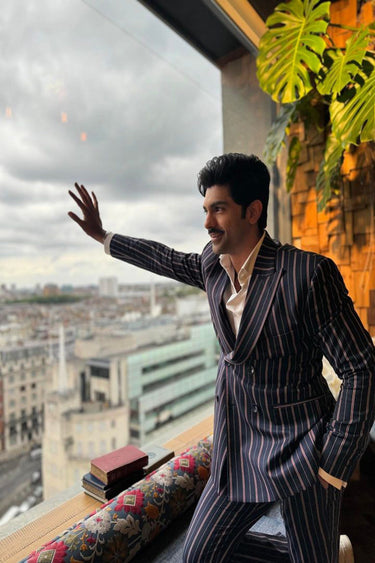 Taha Shah Badussha in Our Classic Blue Chalk Striped Pattern Suit