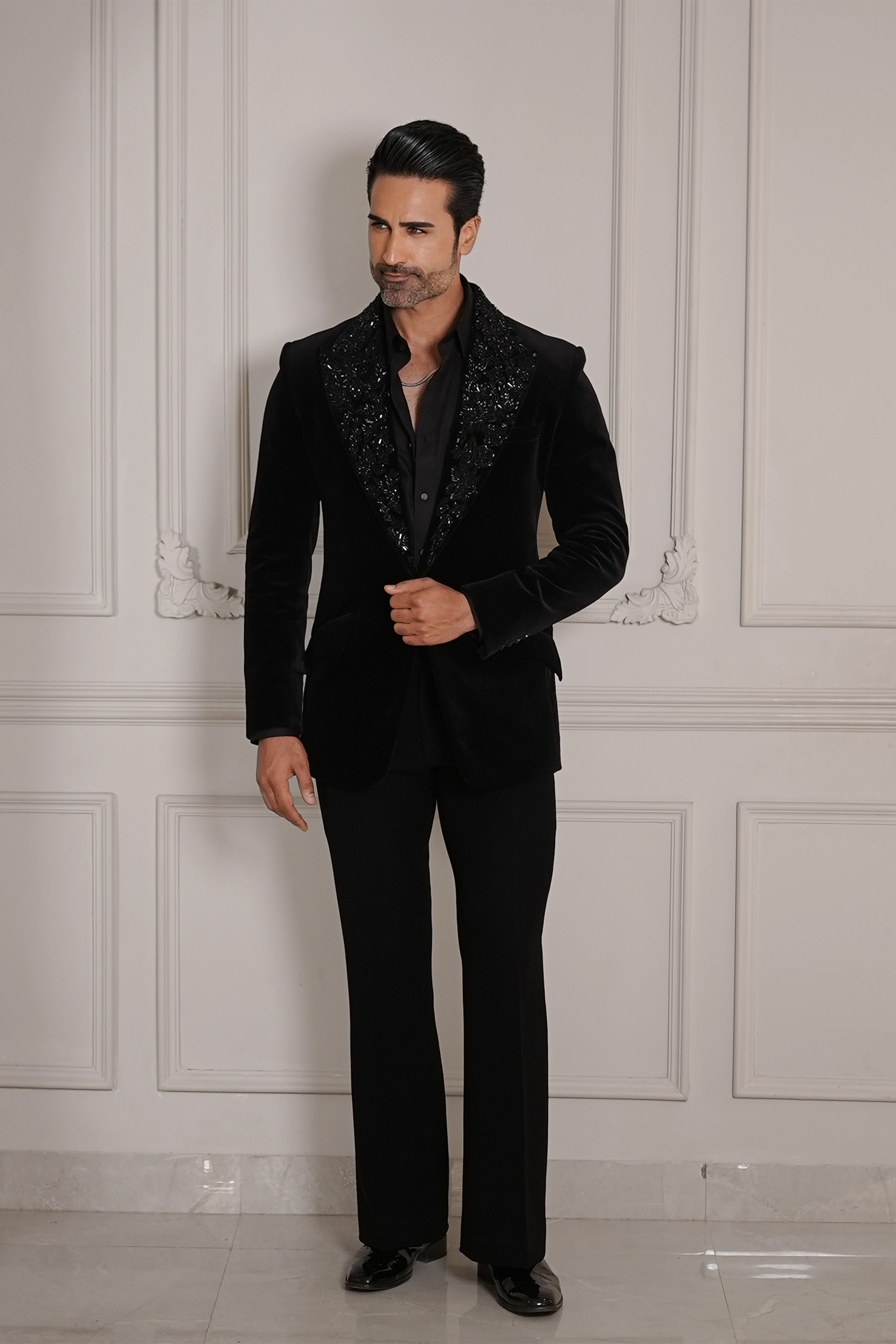 Velvet Tux with 3D Black Embroidery bharat reshma international Velvet Tux with 3D Black Embroidery bharat reshma international