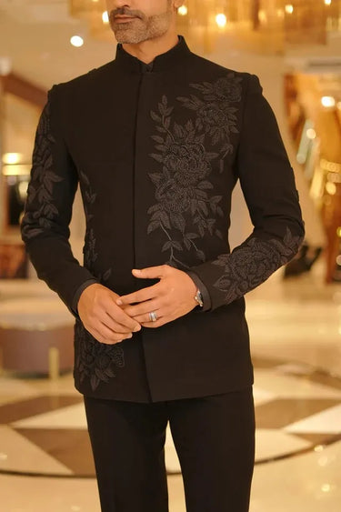 Men’s Black Meghna Bandhgala with Resham Floral Work
