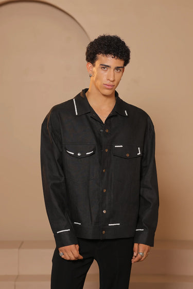 Black linen puff embroidery jacket - Bharat Reshma
