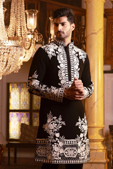 Men’s Black Meghna Fabric Kurta with Fine White Resham Floral Handwork