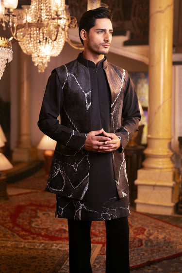 Men’s Black Satin Kurta Set with Digital Print & Hand Cut-Dana Embroidery