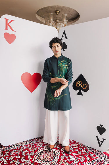 Emerald Canvas Kurta – Green Front-Open with Hand-Painted Embroidery