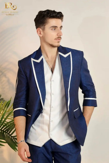 Blue Linen Blazer with White Piping Work