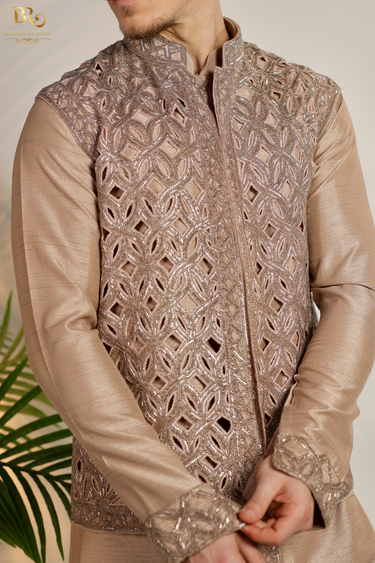 Designer Golden Embroidery Jacket Kurta Set