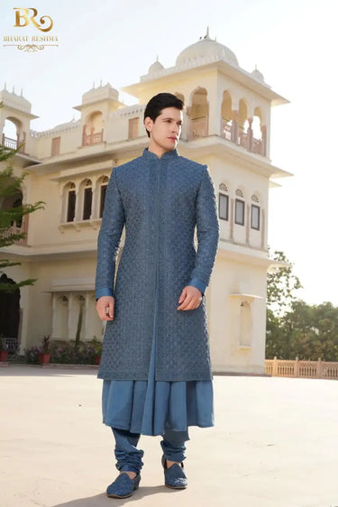 Blue Raw Silk Embroidered Sherwani Set