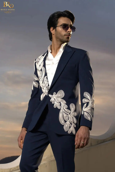 Blue Tuxedo Suit with Ivory Hand Embroidery