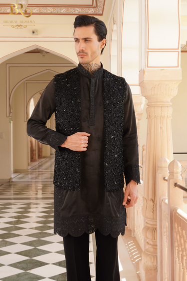 Cluster work kurta with embroided Waistcoat Kurta Set