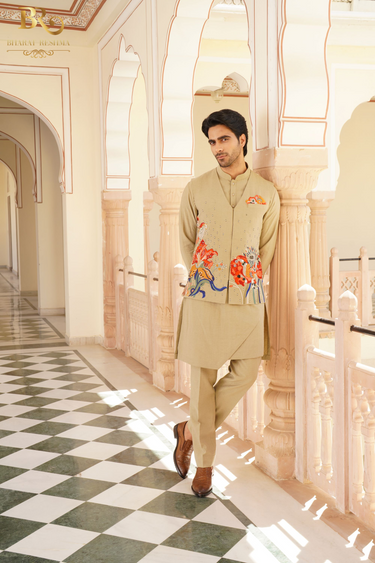 Brown carnival floral waistcoat kurta set