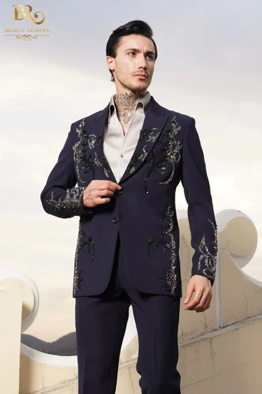 blue tuxedo with decorative embellishments