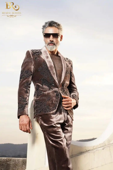 Brown tuxedo with Black Zari embellishments