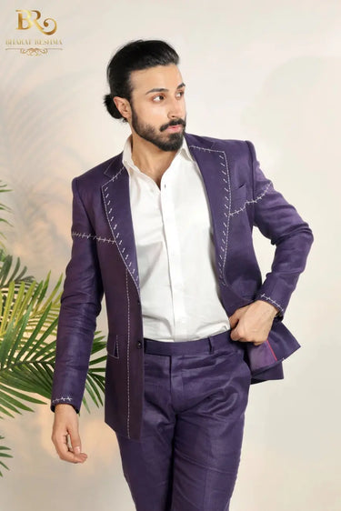 purple blazer with decorative white Hand Hamming Work