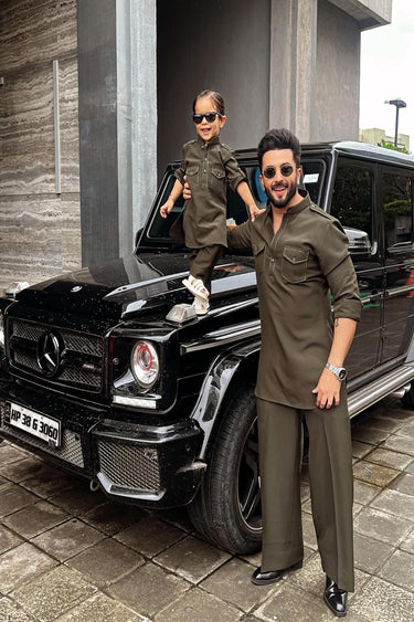 Deeraj Dhoopar In Our Classic Green Olive Pathani kurta set - Bharat Reshma