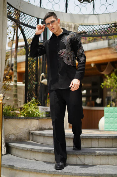 Designer Black Shirt with hand Embroidered snake