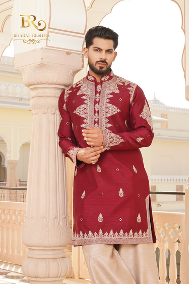 Maroon Row Silk hand Embroidered Kurta