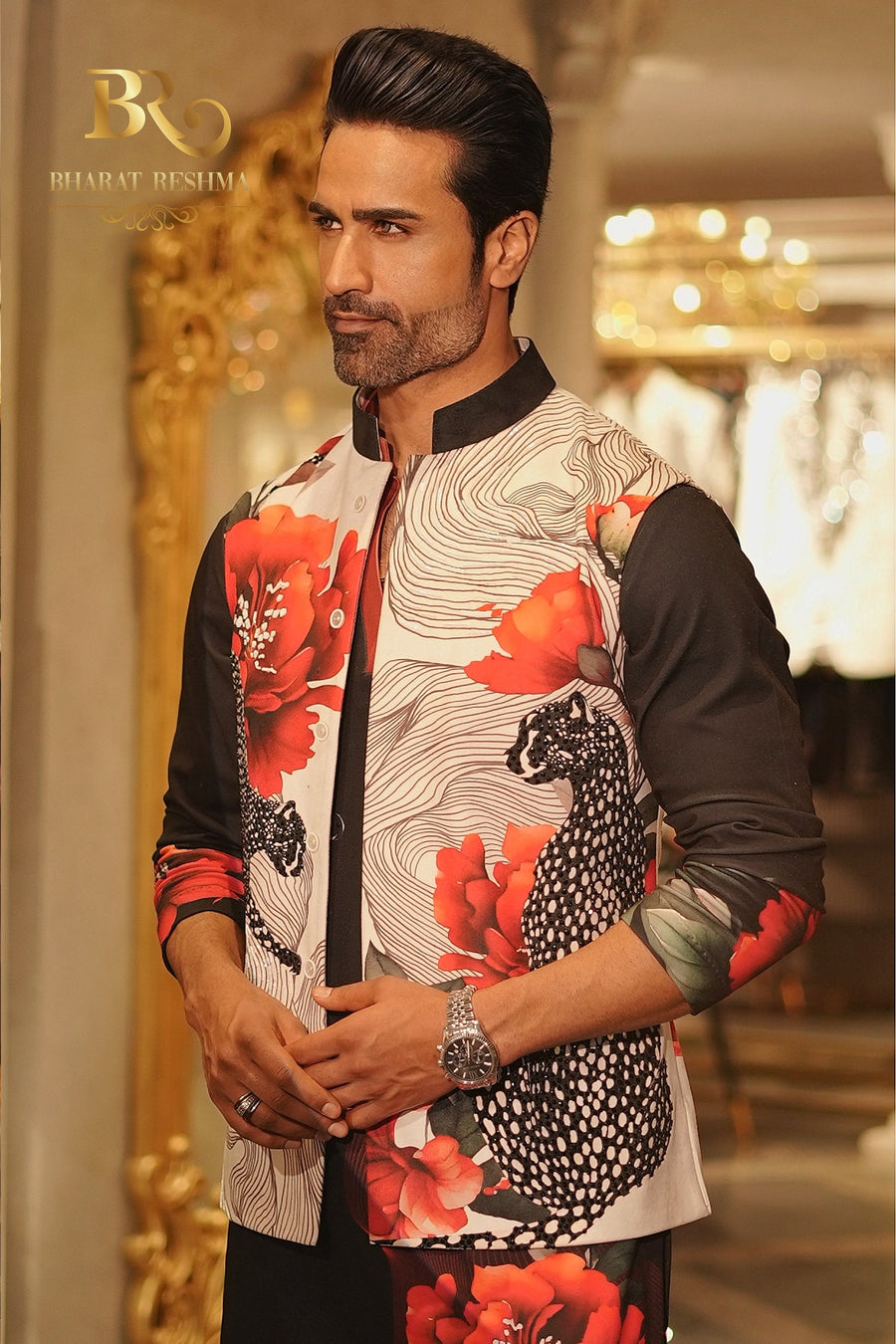 Black & white floral tiger Waistcoat kurta set