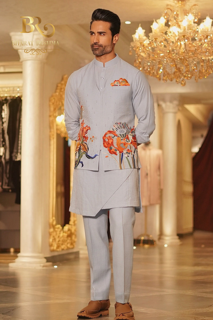 Gray carnival floral waistcoat kurta set