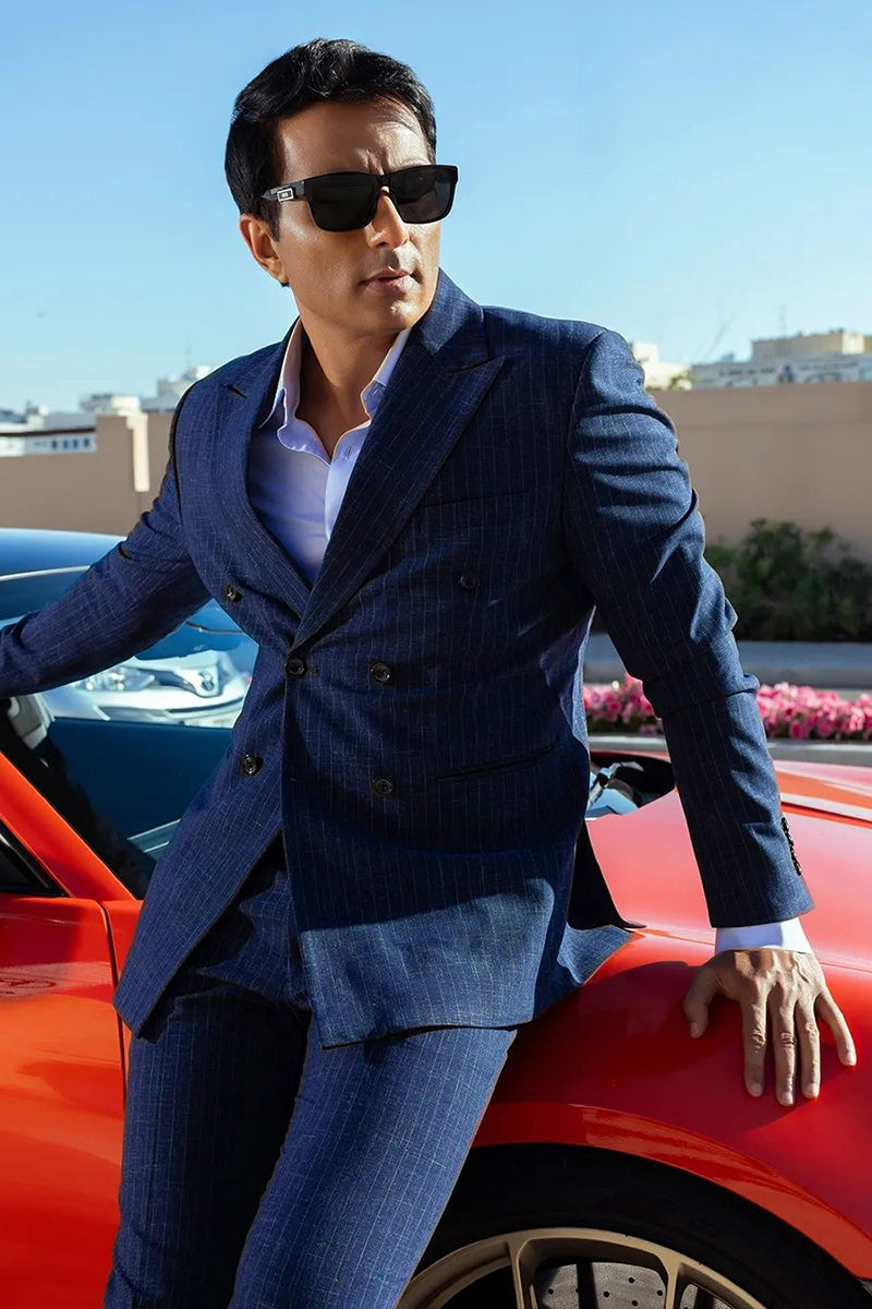 SONU-SOOD in Our Navy blue linen blazer with notched lapel collar