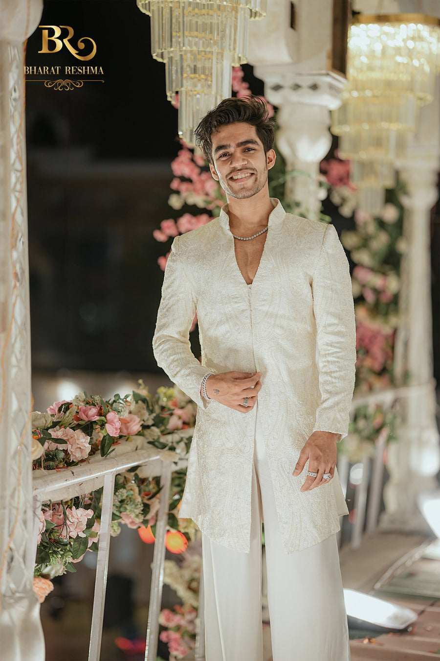 Mihir Gupta in Ivory Indo-Western with Cutdana Detailling