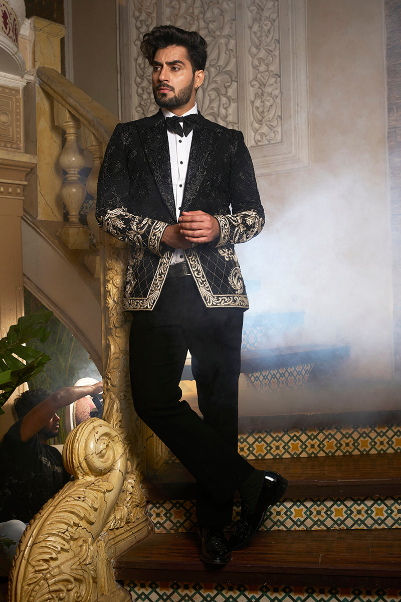 Black Tuxedo with Resham embroidery in botanical pattern
